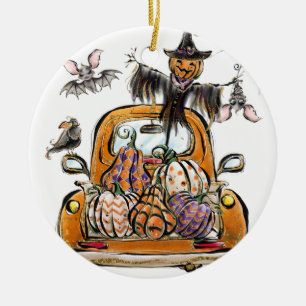 Fall Pumpkin Patch Truck mit Fledermausvogel Keramik Ornament