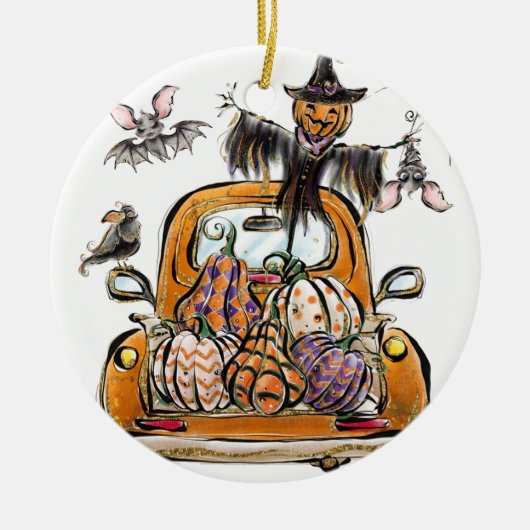 Fall Pumpkin Patch Truck mit Fledermausvogel Keramik Ornament (Vorne)
