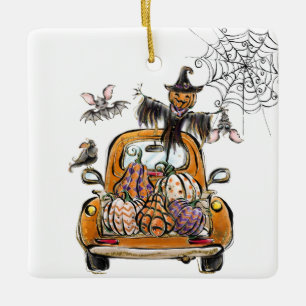 Fall Pumpkin Patch Truck mit Fledermausvogel Keramikornament