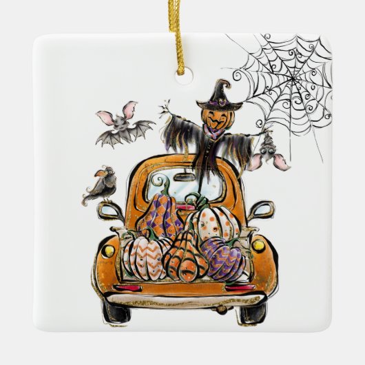 Fall Pumpkin Patch Truck mit Fledermausvogel Keramikornament (Vorderseite)