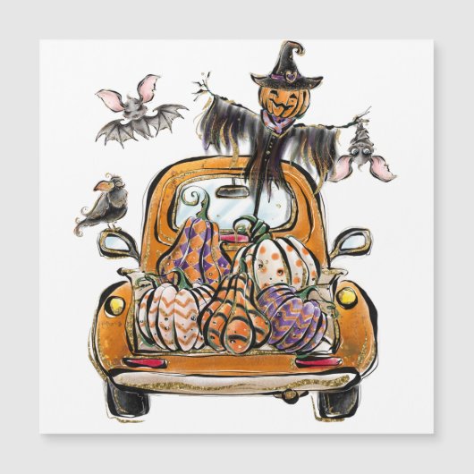 Fall Pumpkin Patch Truck mit Fledermausvogel Magnetkarte (Vorderseite)