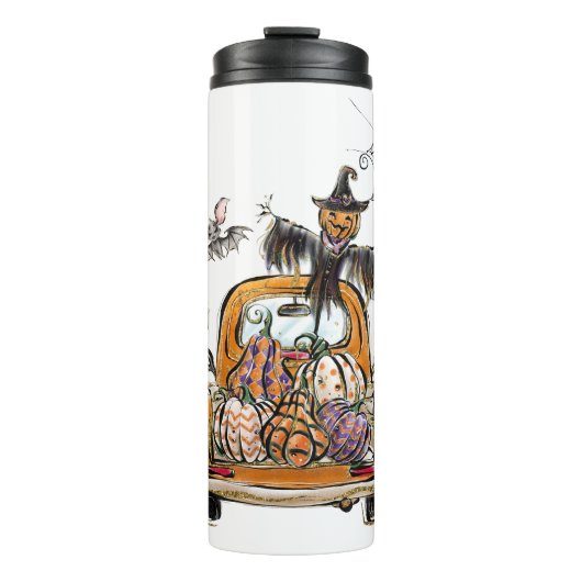 Fall Pumpkin Patch Truck mit Fledermausvogel Thermosbecher (Vorderseite)