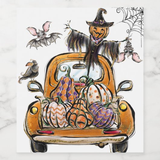Fall Pumpkin Patch Truck mit Fledermausvogel Weinetikett (Einzelnes Label)