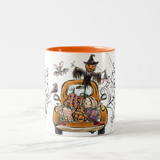 Fall Pumpkin Patch Truck mit Fledermausvogel Zweifarbige Tasse