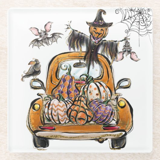 Fall Pumpkin Patch Truck with bats scarecrow bird Glasuntersetzer (Vorderseite)