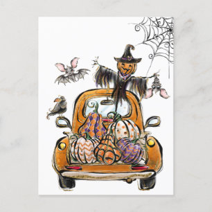 Fall Pumpkin Patch Truck with bats scarecrow bird  Postkarte