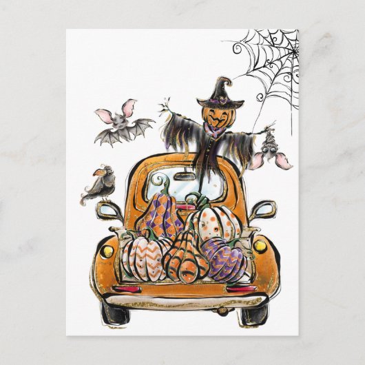 Fall Pumpkin Patch Truck with bats scarecrow bird  Postkarte (Vorderseite)