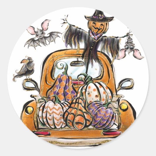Fall Pumpkin Patch Truck with bats scarecrow bird Runder Aufkleber (Vorderseite)