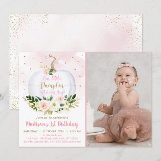 Fall Pumpkin Pink Gold Confetti Erster Geburtstag Einladung