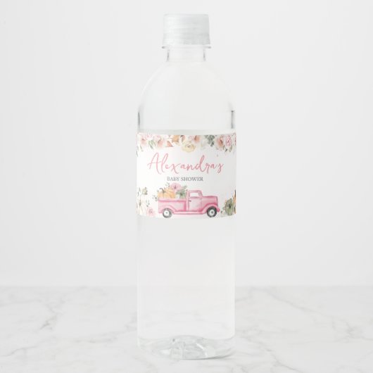 Fall Pumpkin Pink Truck Baby Dusche Wasserflaschenetikett (Vorderseite)