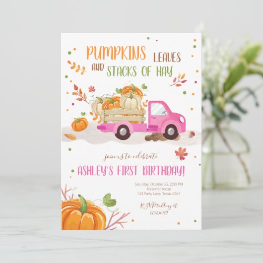 Fall Pumpkin Pink Truck Orange Green Girl Geburtst Einladung (Stehend Vorderseite)
