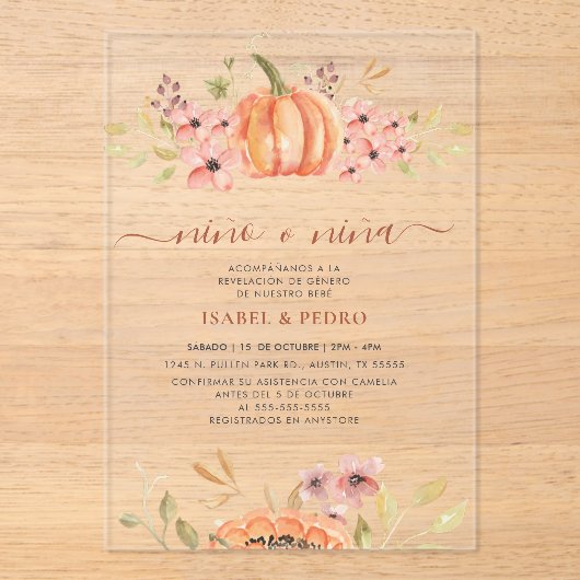 Fall Pumpkin Rustic Boho Spanische Geschlechteroff Acryleinladungen (Vorderseite)
