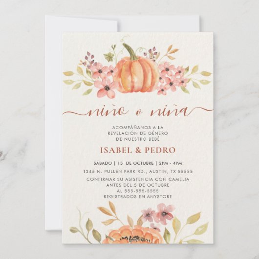 Fall Pumpkin Rustic Boho Spanische Geschlechteroff Einladung (Vorderseite)