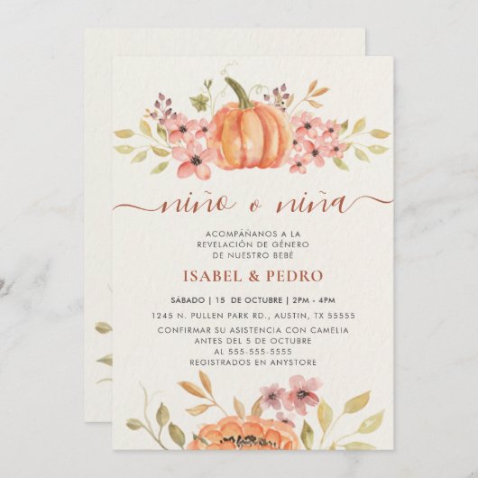 Fall Pumpkin Rustic Boho Spanische Geschlechteroff Einladung (Vorne/Hinten)