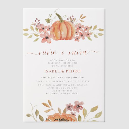 Fall Pumpkin Rustic Boho Spanische Geschlechteroff Pergament Einladungen (Vorderseite)