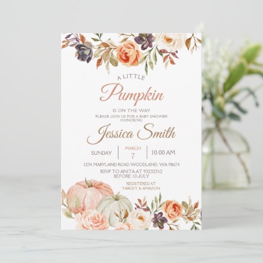Fall Pumpkin Rustic Floral Baby Dusche Einladung (Stehend Vorderseite)