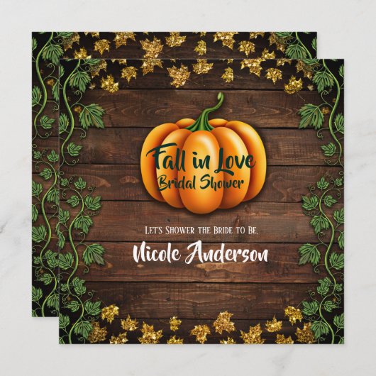 Fall Pumpkin Rustic Green Gold Ivy Brautparty Einladung (Vorne/Hinten)