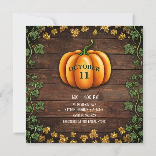 Fall Pumpkin Rustic Green Gold Ivy Brautparty Einladung (Rückseite)