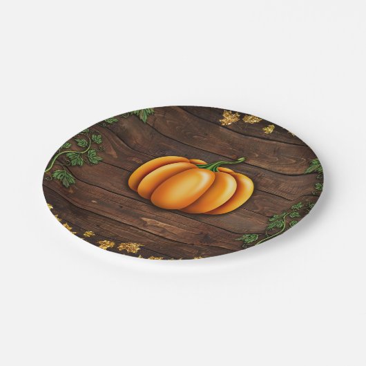 Fall Pumpkin Rustikale grüne Gold Ivin Herbstland Pappteller (Schrägansicht)