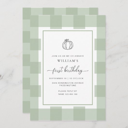 Fall Pumpkin Sage Gingham Einladung zum 1. Geburts (Vorne/Hinten)