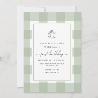 Fall Pumpkin Sage Gingham Einladung zum 1. Geburts