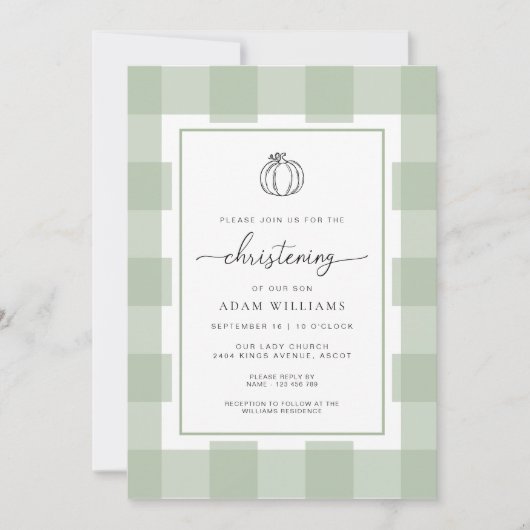 Fall Pumpkin Sage Green Gingham Christening Einladung (Vorderseite)
