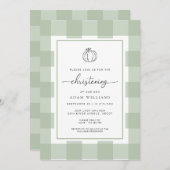 Fall Pumpkin Sage Green Gingham Christening Einladung (Vorne/Hinten)