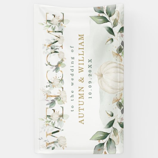 Fall Pumpkin Sage Greenerity Gold Wedding Willkomm Banner (Vertikal)