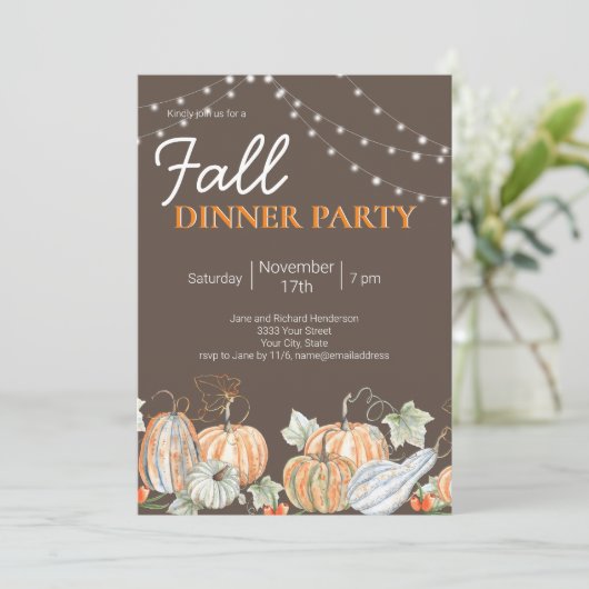 Fall Pumpkin String Light Dinner Party Einladung (Stehend Vorderseite)