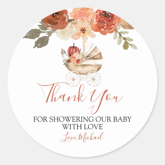 Fall Pumpkin Stroller Floral Baby Shower Thank You Runder Aufkleber (Vorderseite)