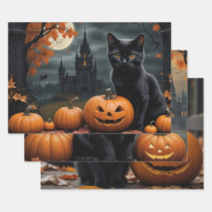 Fall Pumpkin Sweet Black Kitten Entcoupage Geschenkpapier Set