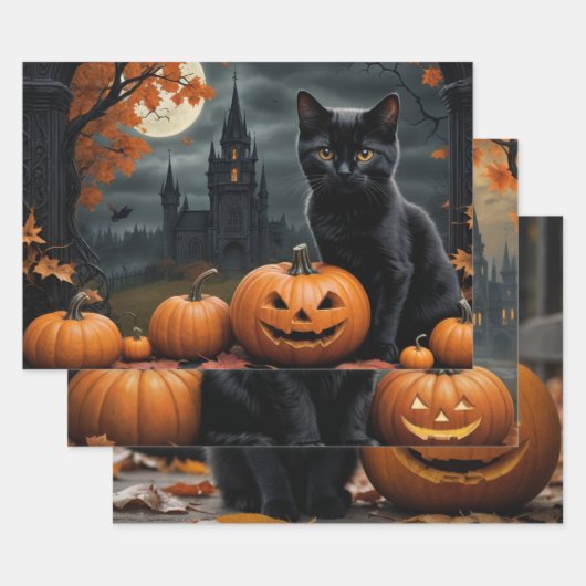 Fall Pumpkin Sweet Black Kitten Entcoupage Geschenkpapier Set (Set)