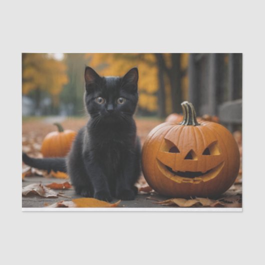 Fall Pumpkin Sweet Black Kitten Entcoupage Seidenpapier (Vorderseite)