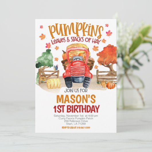 Fall Pumpkin Tractor Birthday Einladung (Stehend Vorderseite)