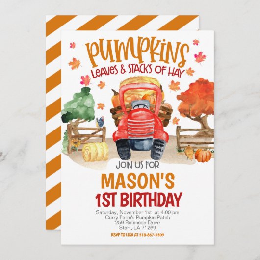Fall Pumpkin Tractor Birthday Einladung (Vorne/Hinten)