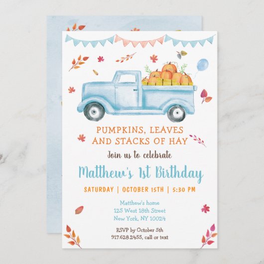 Fall Pumpkin Truck Birthday Einladung (Vorne/Hinten)