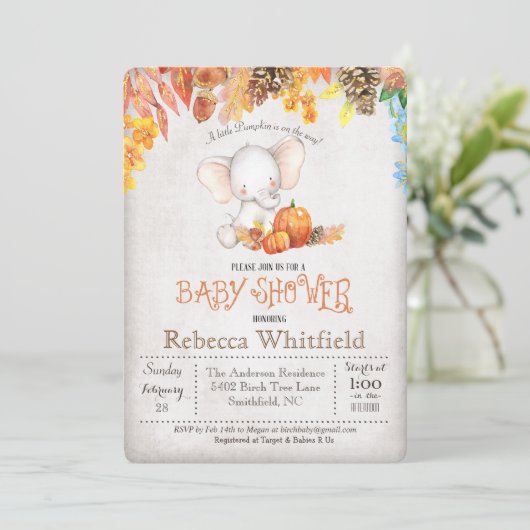 Fall Pumpkin und Elephant Baby Shower Einladung (Stehend Vorderseite)