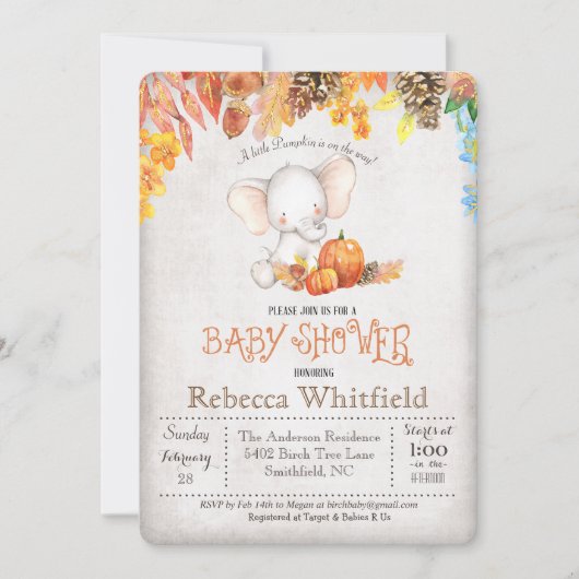 Fall Pumpkin und Elephant Baby Shower Einladung (Vorderseite)