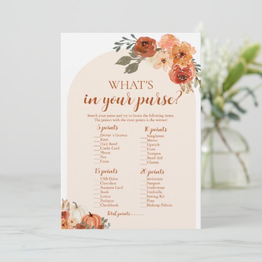 Fall Pumpkin Was ist in Ihrem Purse Baby Duschspie Einladung (Stehend Vorderseite)