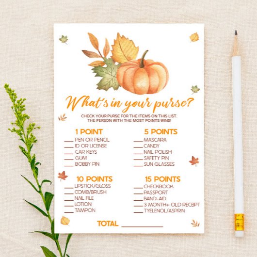 Fall Pumpkin What's In Purse Baby Shower Game Briefpapier