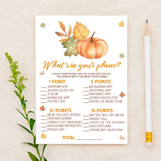 Fall Pumpkin What's In Your Phone Baby Shower Game Briefpapier
