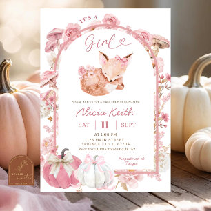 Fall Pumpkin White and Pink Fox Girl Baby Dusche Einladung