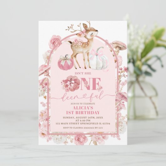 Fall Pumpkin White und Pink Ein deprimierter Gebur Einladung (Stehend Vorderseite)