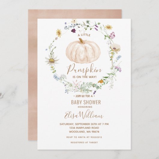 Fall Pumpkin Wildblume ist auf dem Weg Baby Shower Einladung (Vorne/Hinten)