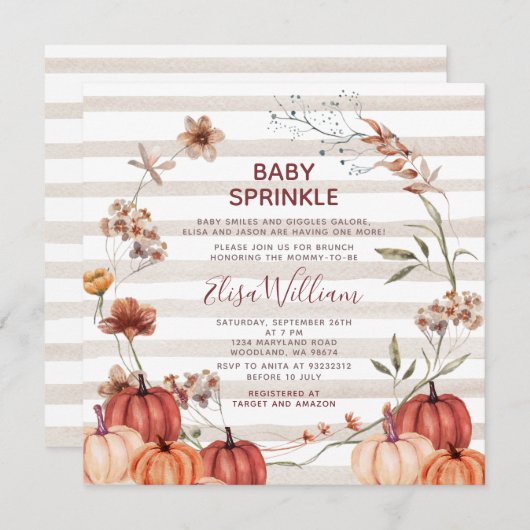 Fall Pumpkin Wildblumen Stripe Baby Sprinkle Einladung (Vorne/Hinten)