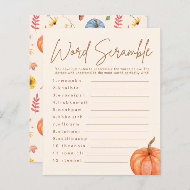 Fall Pumpkin Word Scramble Baby Showspiel (Vorne/Hinten)