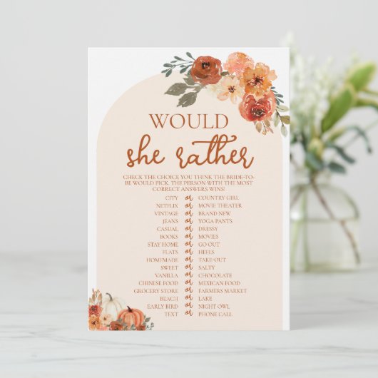 Fall Pumpkin würde sie eher Brautparty Game Einladung (Stehend Vorderseite)