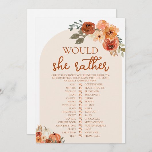 Fall Pumpkin würde sie eher Brautparty Game Einladung (Vorne/Hinten)