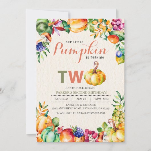 Fall Pumpkin zweite Geburtstagseinladung Einladung (Vorderseite)