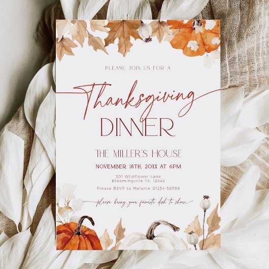 Fall Pumpkins and Leaves Thanksgiving Dinner Einladung